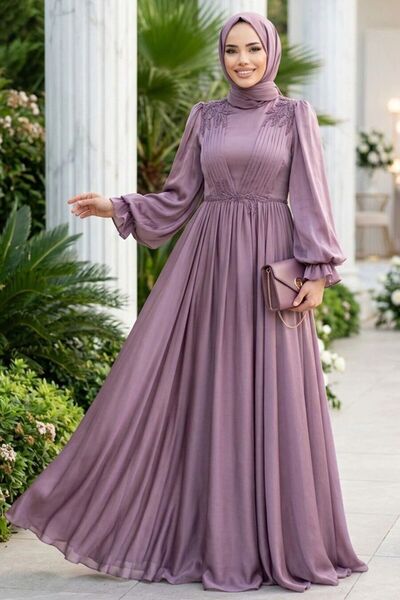Neva Style Balloon Sleeve Dusty Rose Hijab Evening Dress 21910Gk