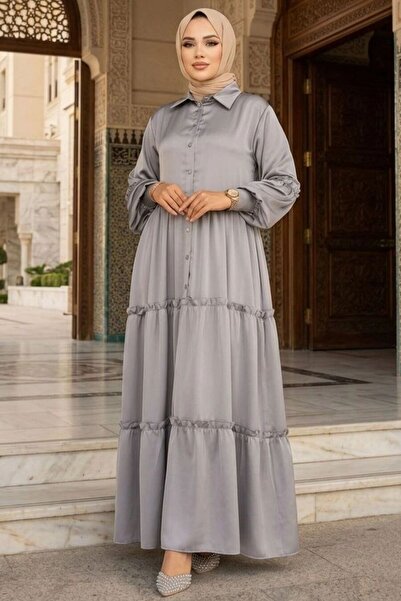 Neva Style Kat Pleated Gray Hijab Dress 5884Gr