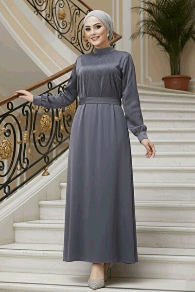 Neva Style Boncuk Detaylı Füme Tesettür Saten Elbise 65880FU