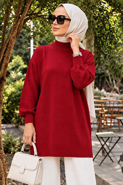 N.S NEVA STYLE Boğazlı Kırmızı Tesettür Triko Kazak 10381K