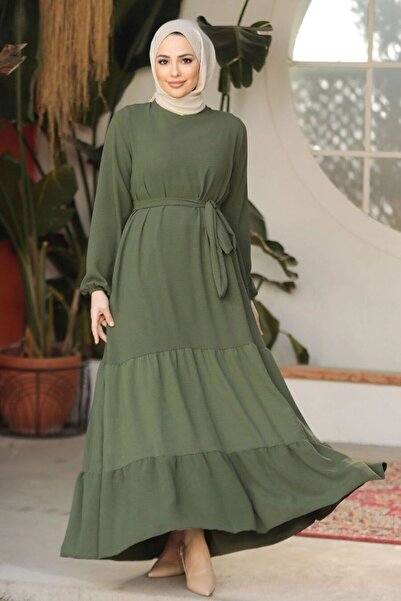 Neva Style Pleated Detailed Khaki Hijab Dress 57351HK