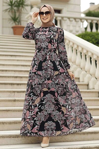 Neva Style Floral Pattern Dusty Rose Hijab Dress 27950Gk