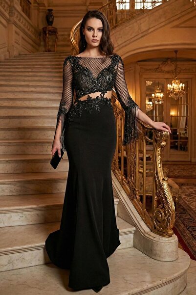 Neva Style Boncuk İşlemeli Siyah Abiye Elbise 75501S