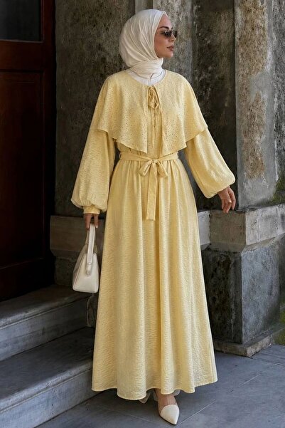 N.S NEVA STYLE Cape Detailed Scarf Collar Yellow Hijab Dress 5326Sr