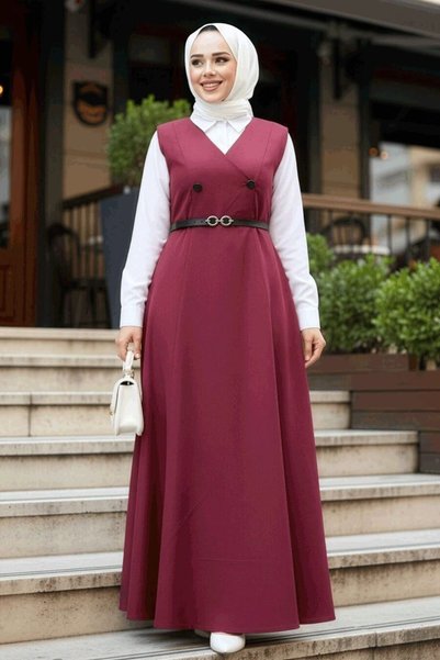 N.S NEVA STYLE Burgundy Hijab Gilet Dress 30284Br