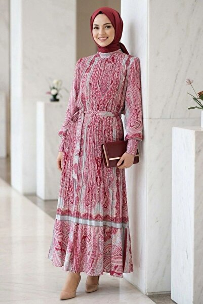 Neva Style فستان حجاب من الساتان الحريري الفوشيا مع حزام وشال 95709F