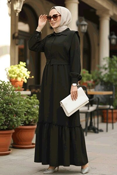 Neva Style فستان حجاب أسود مفصل التفصيل 30023S