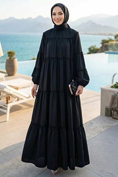 Neva Style فستان أسود متعدد الطبقات برباط 40131S