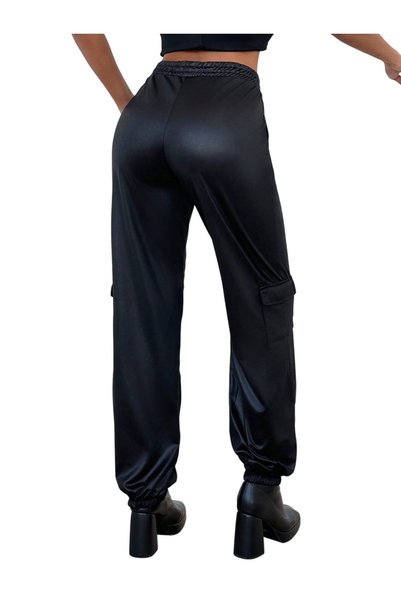 Ocoza VS-1083 Yeslin Siyah Suni Deri Beli Bağcıklı Paçası Lastikli Jogger Pantolon