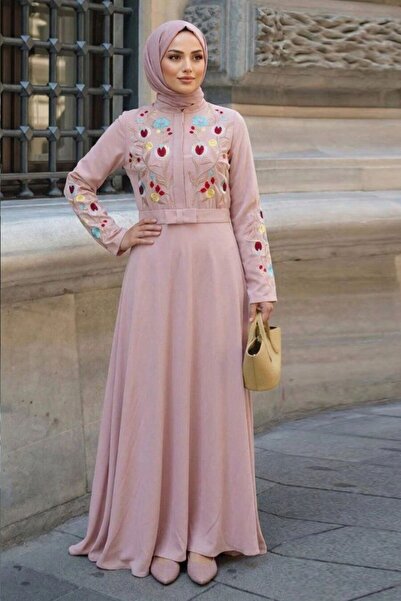 N.S NEVA STYLE Floral Embroidered Powder Hijab Dress 7749Pd