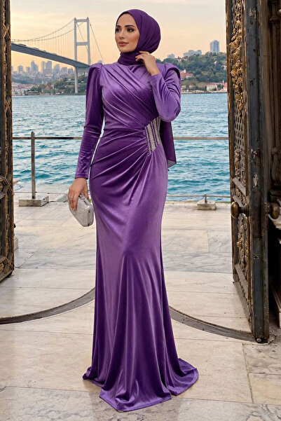 Neva Style Drape Detaylı Koyu Lila Tesettür Kadife Elbise 36891KLILA