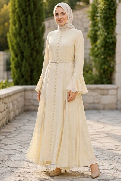 N.S NEVA STYLE Buttoned Belted Flounce Sleeves Tulle Modal Yellow Hijab Dress...