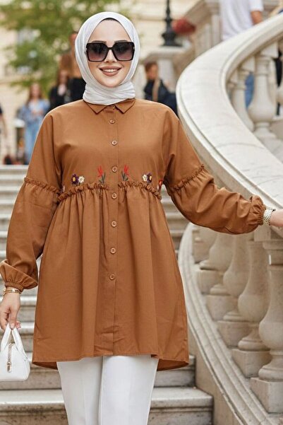 Neva Style Embroidery Patterned Tan Hijab Tunic 40603Tb