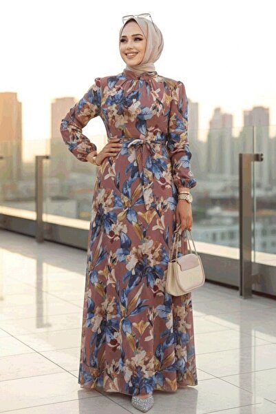 Neva Style Çiçek Desenli Taba Tesettür Elbise 27941TB