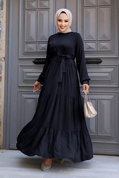 Neva Style Pleated Navy Blue Hijab Dress 22042L