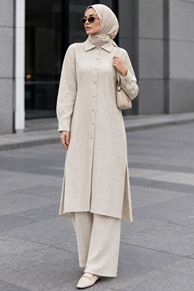Neva Style Collared Beige Hijab Knitwear Double Set 34181Bej
