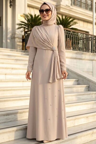 N.S NEVA STYLE فستان سهرة بيج بتفاصيل عباءة 56101BEJ
