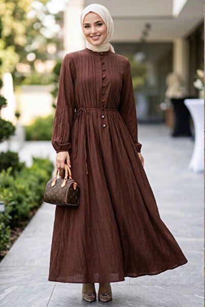 Neva Style Brown Hijab Dress with Pile Detail 10320Kh