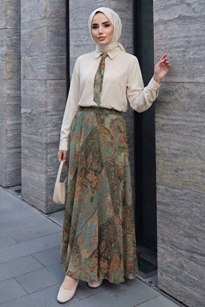 Neva Style Khaki Modal Hijab Skirt Set with Scarf 13860Hk
