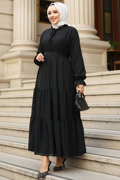 Neva Style Kat Piliseli Siyah Tesettür Elbise 14232S