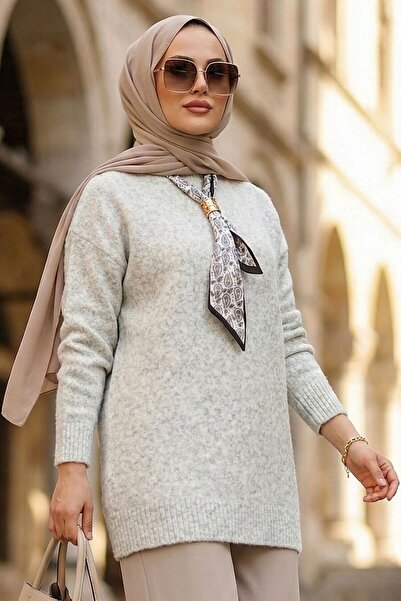 N.S NEVA STYLE سترة تريكو رمادية محتشمة مع وشاح 8968GR