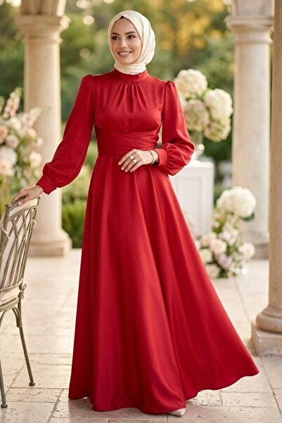 N.S NEVA STYLE فستان سهرة أحمر ساتان للحفلات الإسلامية 6297K
