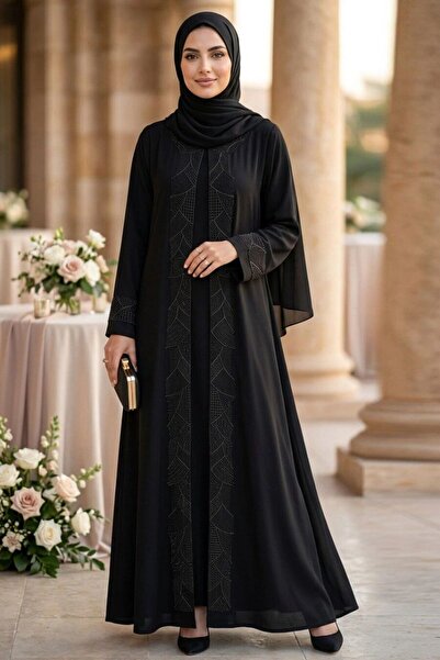 Neva Style Geometric Embroidery Detailed Belted Black Hijab Robe 29142S