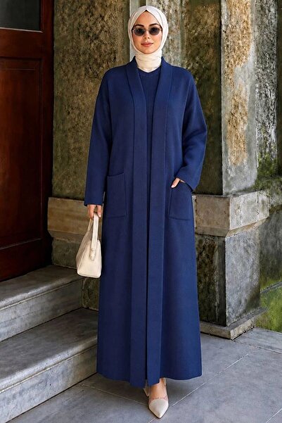 N.S NEVA STYLE Shawl Collar Pocketed Navy Blue Hijab Knitwear Cardigan 40015L