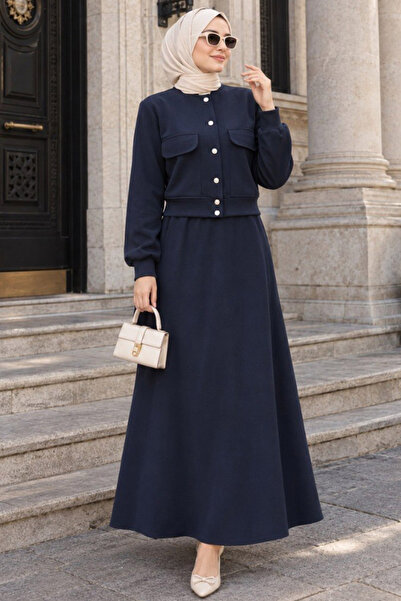 Neva Style Buttoned Navy Blue Hijab Skirt Double Suit 12261L