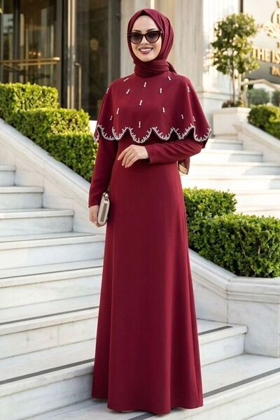 N.S NEVA STYLE فستان سهرة بتفاصيل عباءة باللون العنابي 55781BR