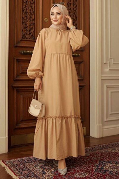 Neva Style Balon Kol Bisküvi Tesettür Poplin Elbise 57341BS