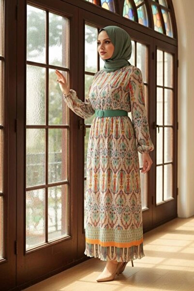 Neva Style فستان حجاب بنقشة عرقية بلون النعناع 3536MINT