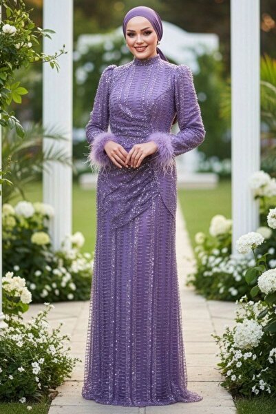 N.S NEVA STYLE - Bead Embroidered Lilac Hijab Evening Dress 50861Lila