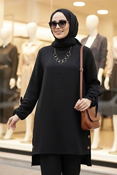 Neva Style Düğme Detaylı Siyah Tesettür Tunik 41281S