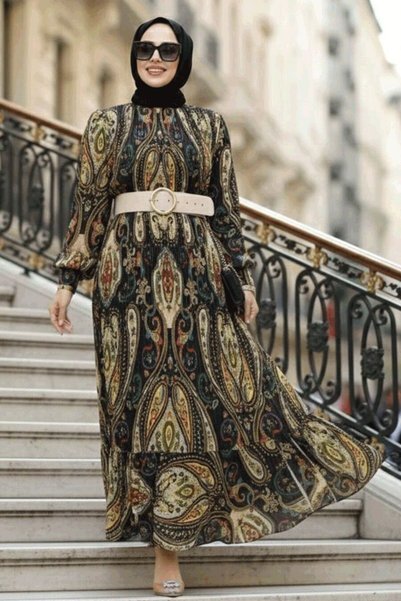 N.S NEVA STYLE Rochie Hijab Bej cu Motiv 9271BEJ