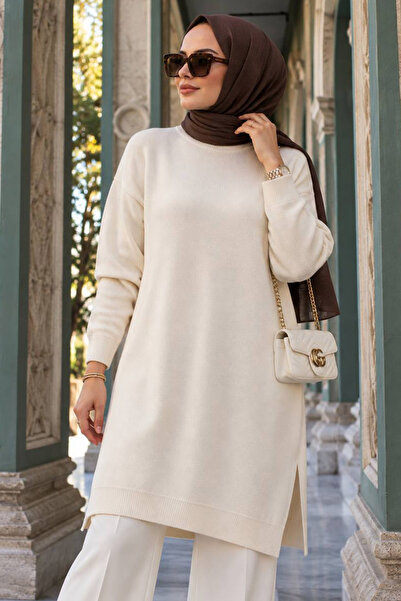 Neva Style Krem Tesettür Kazak Tunik 17203KR