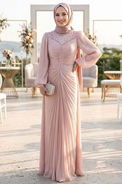 N.S NEVA STYLE Beaded Powder Sparkling Hijab Evening Dress 56161Pd