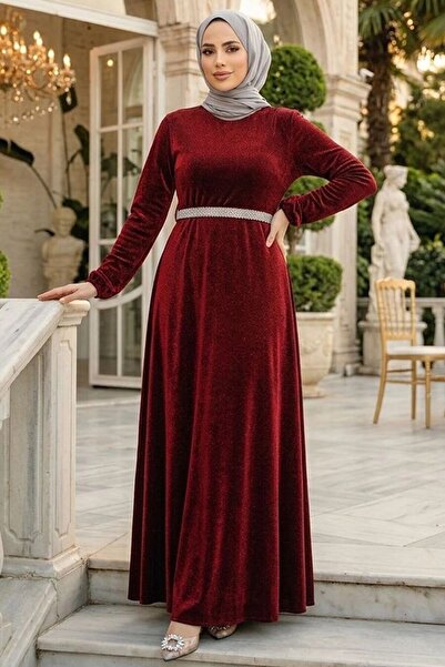 Neva Style فستان سهرة حجاب أحمر كلاريت لامع 42541BR