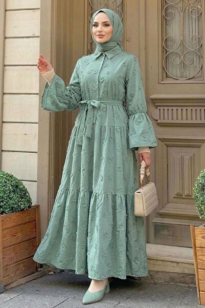 N.S NEVA STYLE فستان حجاب بياقة قميص وتطريز زهور بلون النعناع 26185MINT