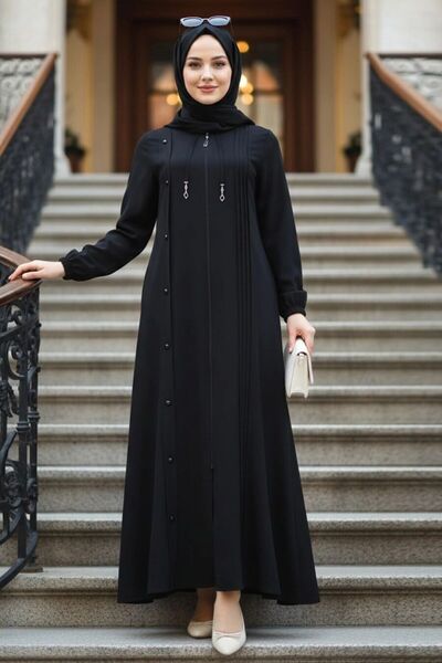 N.S NEVA STYLE Fermuarlı Siyah Tesettür Abaya 45309S