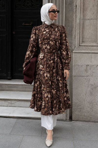 N.S NEVA STYLE Shirt Collar Floral Patterned Brown Hijab Tunic 95730Kh
