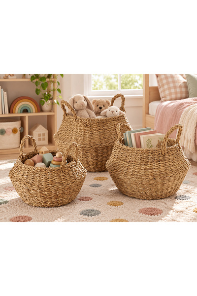 Bahçem Dekoratif Natural Renk Yuvarlak Seagrass Hasır Saksı/Sepet/Organizer 3...