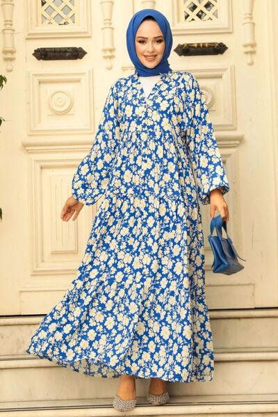 Neva Style Patterned Indigo Blue Hijab Dress 23586Im