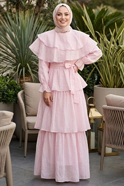 N.S NEVA STYLE Katlı Fırfır Detaylı Pembe Tesettür Elbise 53271P