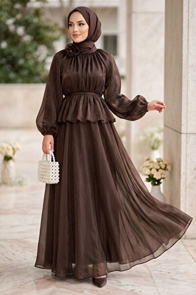 Neva Style Drawstring Collar Peplum Janjan Chiffon Brown Islamic Clothing Two...