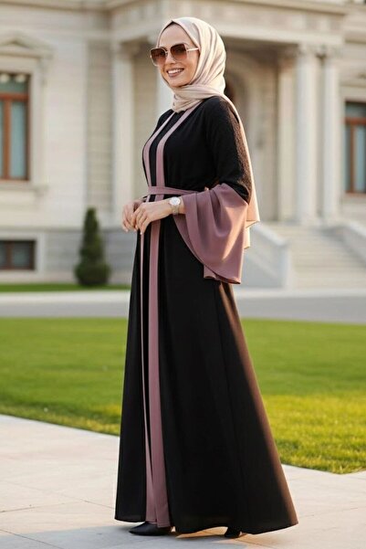 Neva Style Open Dusty Rose Hijab Abaya with Sleeves Detailing 55510Agk