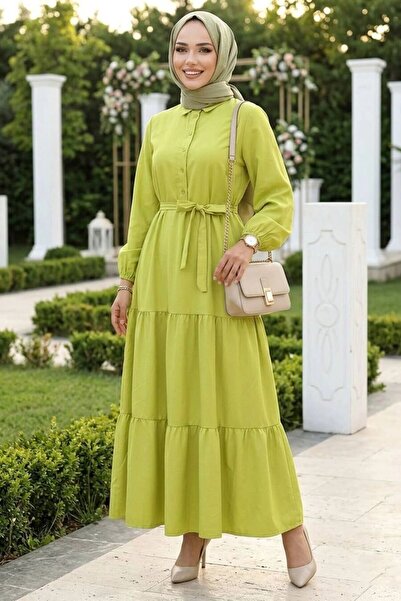N.S NEVA STYLE فستان حجاب أصفر حمضي بأزرار 30391ASR