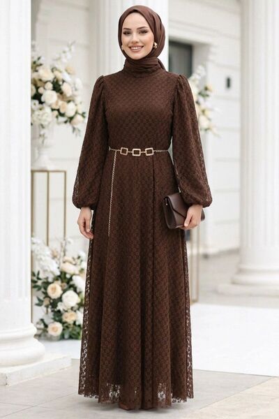 Neva Style Lace Brown Hijab Dress 54123Kh
