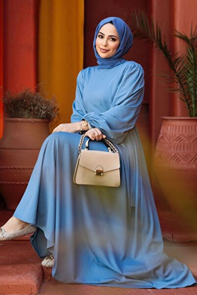 Neva Style Belted Blue Hijab Dress 23101M
