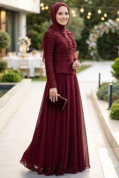 N.S NEVA STYLE فستان سهرة بتفاصيل مزركشة باللون العنابي للحفلات الإسلامية 549...